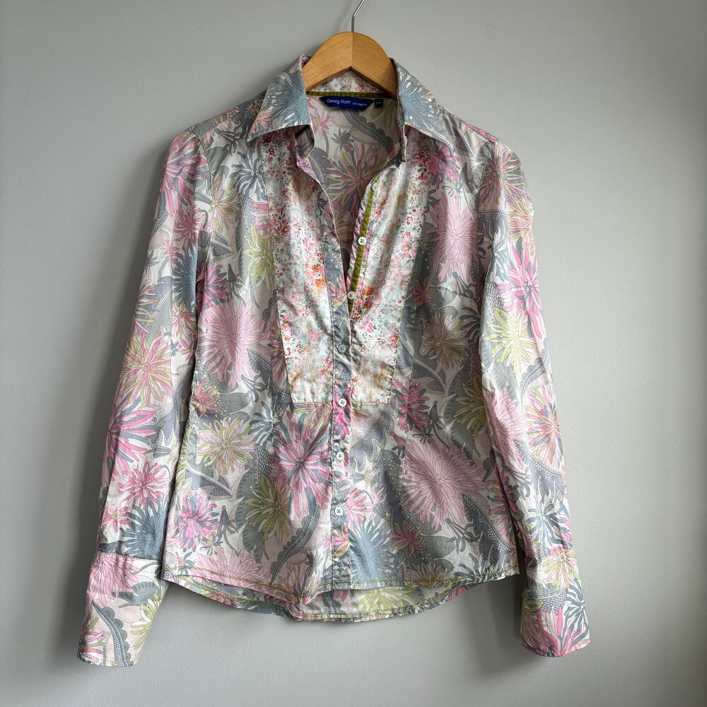 Georg Roth Women's Floral Print Button Down 100% Cotton Plaid Flip Cuff Size XS